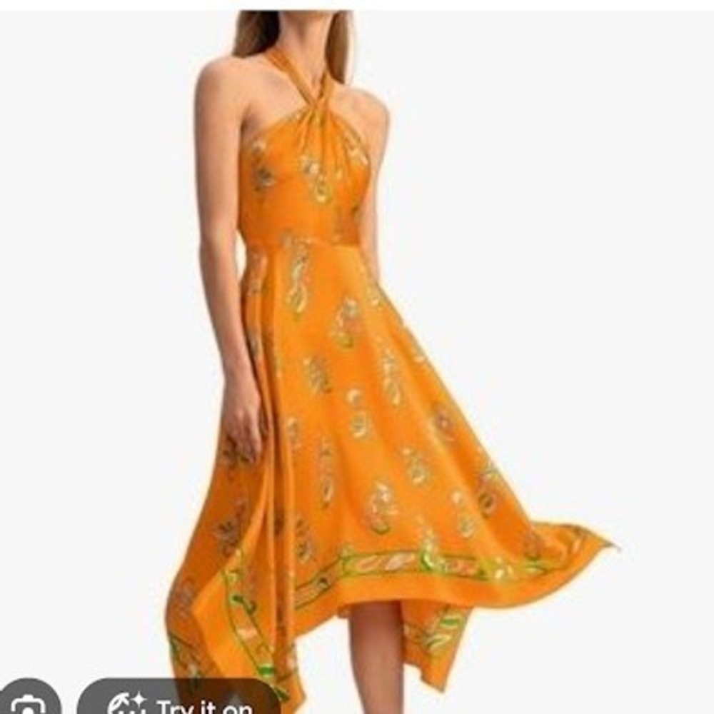 LILY SILK Orange Paisley 100% Mulberry Silk Halter Handkerchief Midi Dress 2